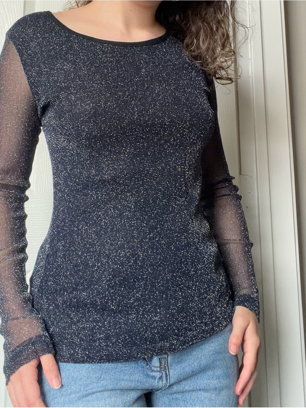Sheer Sparkle Long-Sleeve Top - Navy